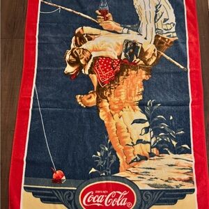 Coca Cola Beach Towel 56”x28” Norman Rockwell Scene Boy Fishing with Dog EUC